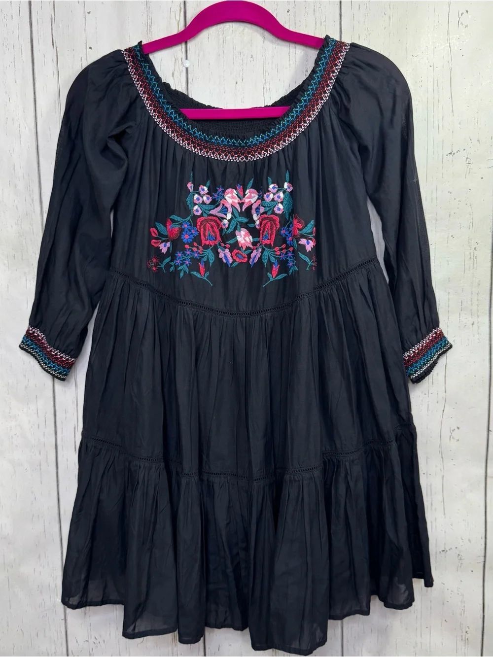 Free People Black Embroidered Peasant Dress XS Boho Babydoll Festival Western
